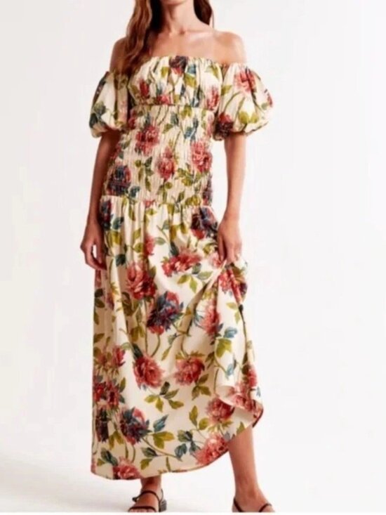 Anthropologie Dresses & Skirts - Anthropologie Floral Maxi Dress Puff Sleeve Smocked Sz XS Cottagecore Boho Cream